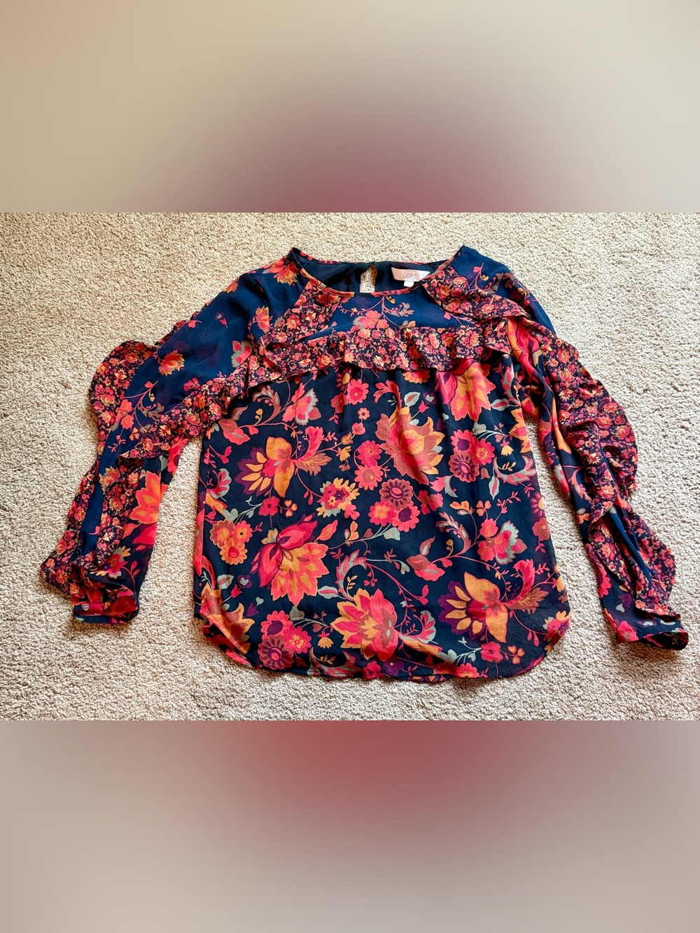 LOFT Black and Red Floral Ruffle Blouse - Womens Large
